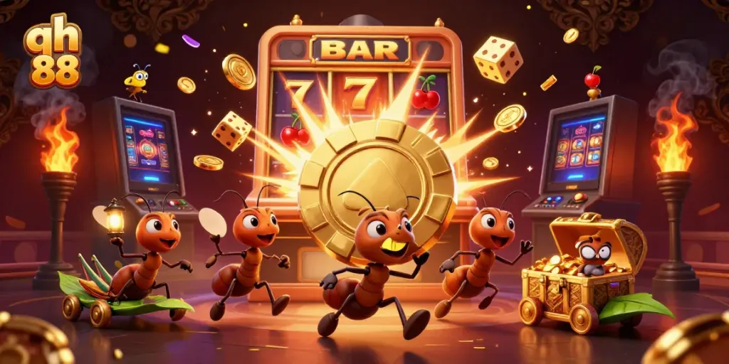 Experience thrilling gameplay with qh 88 team of ants carrying a massive poker chip amid a spectacular casino scene.