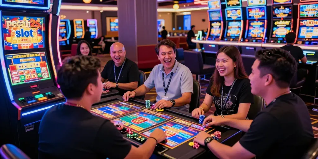 Pengalaman bermain mesin slot "pecah25 slot" di kasino dengan kerumunan yang bersemangat dan suasana yang meriah.