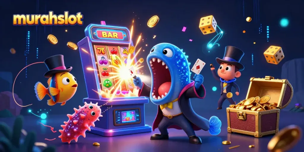 Engage in thrilling plays with murahslot's colorful 3D casino scene featuring vibrant characters and dynamic slot elements.