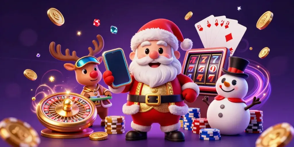 Engage in the excitement of toto 4d with a festive scene featuring Santa, his reindeer, and a snowman in a rich casino setting.