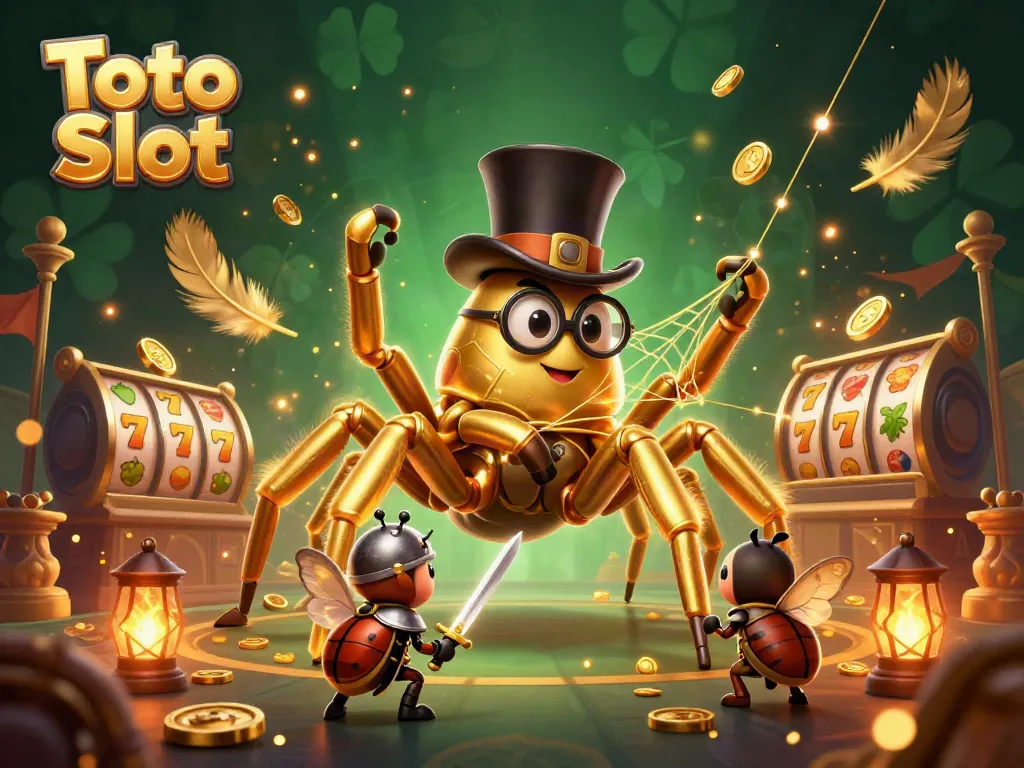 Toto Slot menghadirkan suasana kasino dengan tarantula emas raksasa dan ksatria beetle sedang beraksi.