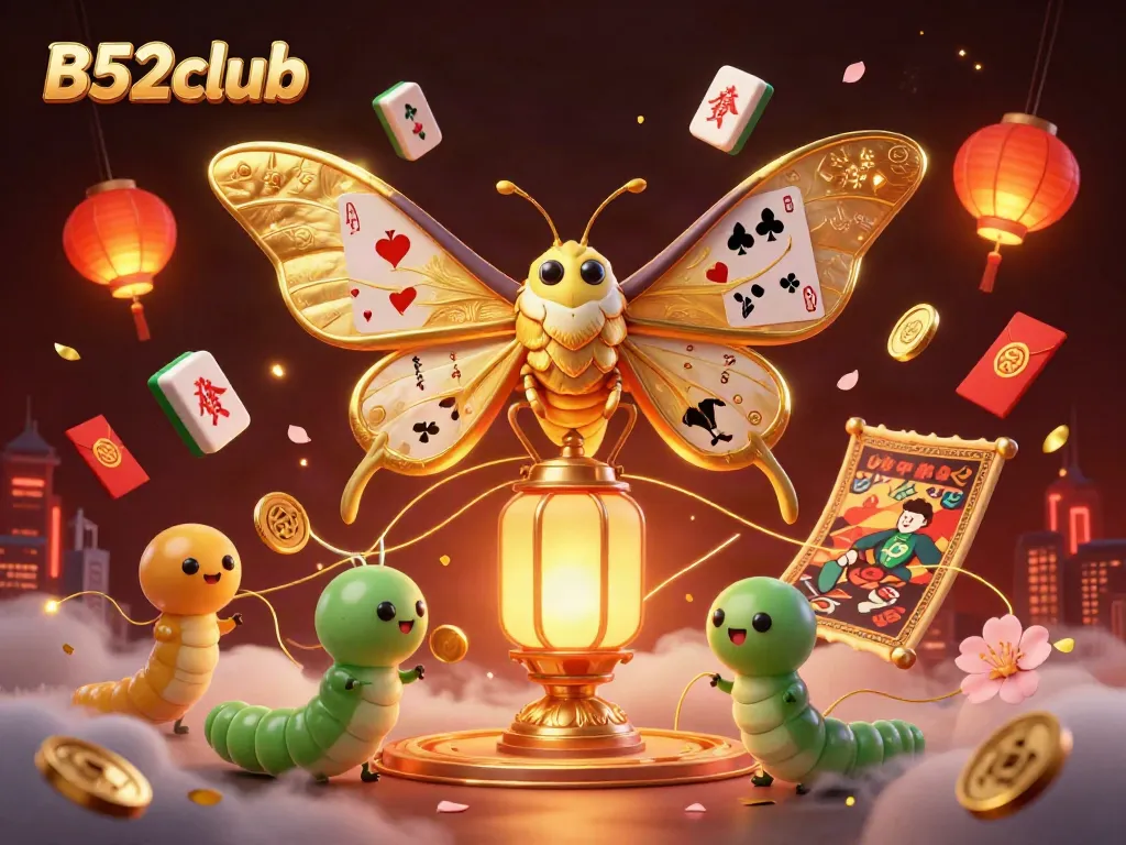 Engage with B52club's vibrant 3D casino illustration featuring a majestic moth and rich gaming elements.