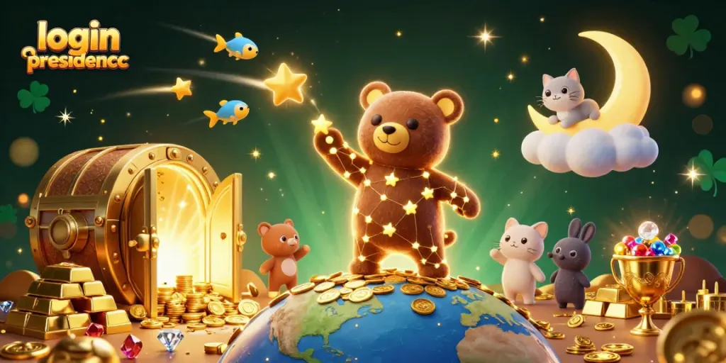 Join the fun with login presidencc, where constellation bears scoop coins amidst a vibrant gambling scene.