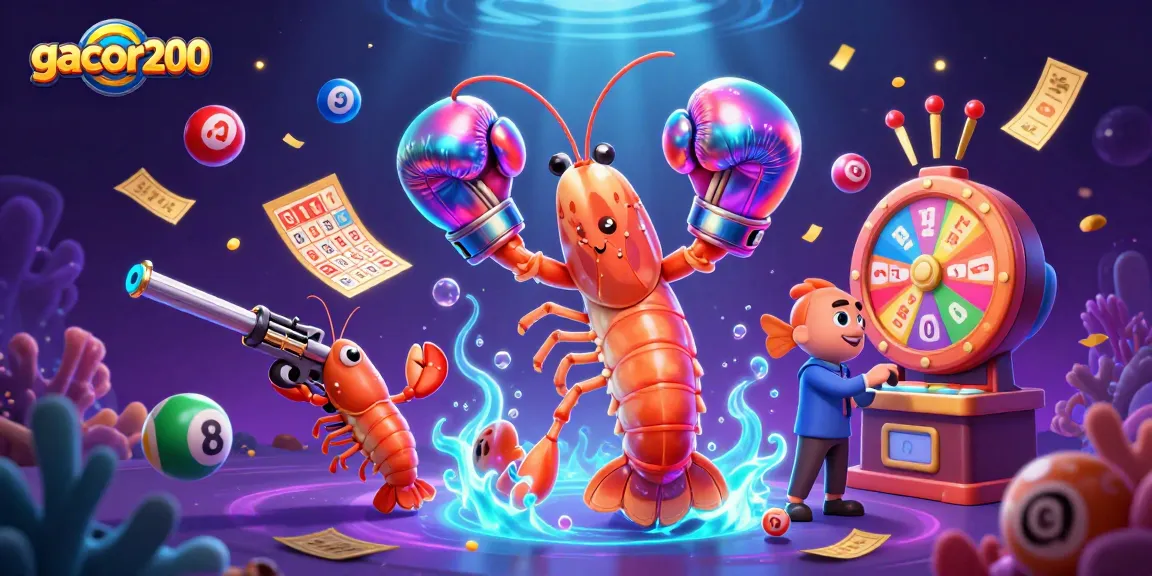 Gacor200 menampilkan karakter udang mantis dan penyemangat dengan elemen kartu bingo dan bola lotere