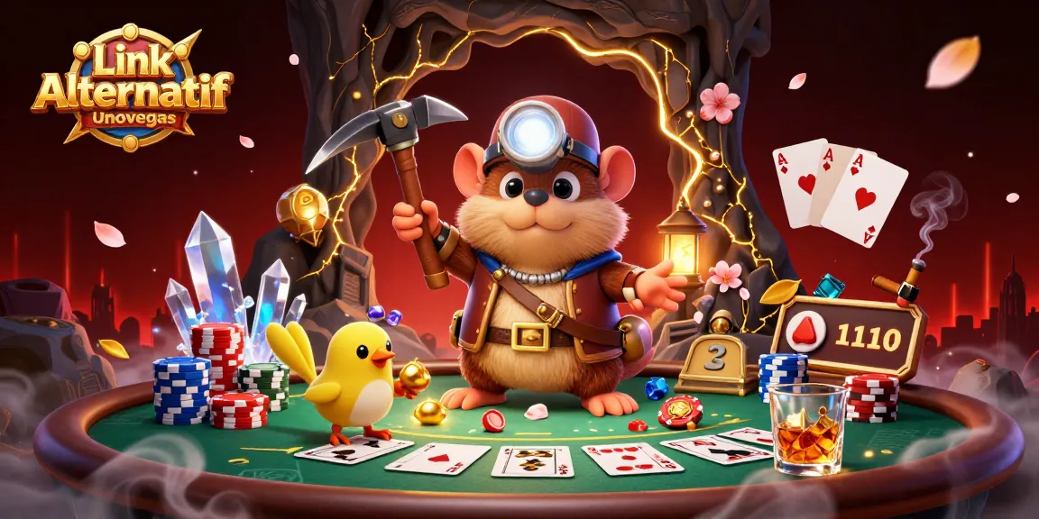Experience gaming thrills with Link Alternatif Unovegas showcasing a treasure hunter in a vibrant casino.