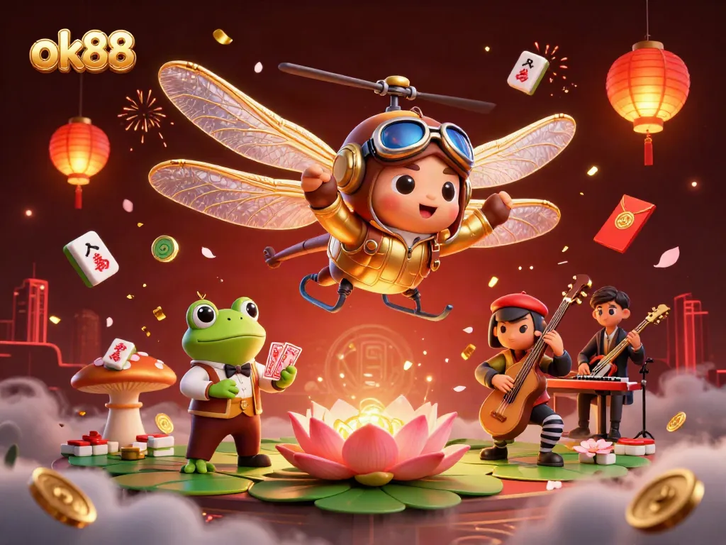 Engage with the vibrant ok88 casino world, featuring a dragonfly pilot hovering over an exciting lily pad casino scene.