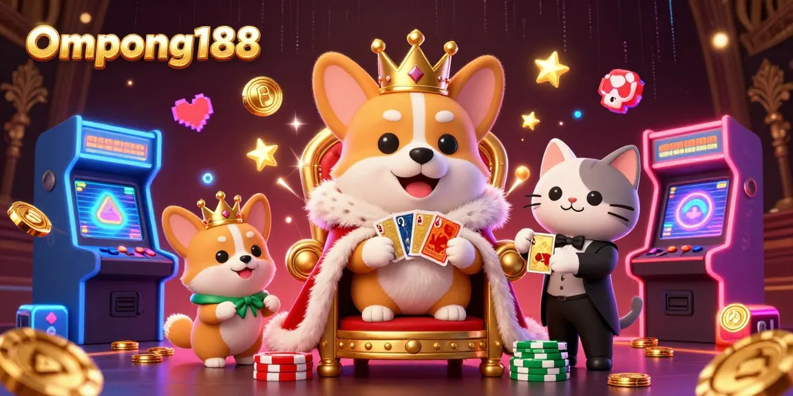 Ompong188 menampilkan seekor corgi kerajaan 3D yang bertron di atas chip poker dengan desain kasino yang penuh warna.