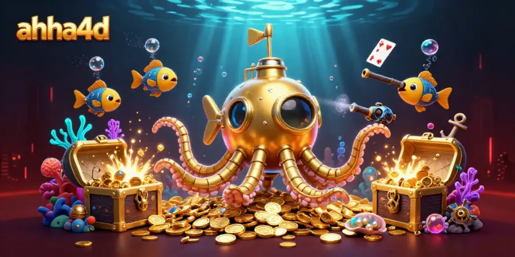 Jelajahi dunia judi online ahha4d dengan ilustrasi kraken emas dan harta karun di lautan koin.