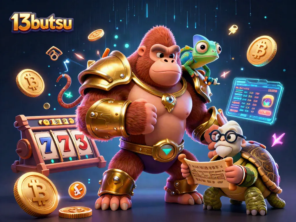 Spin the slot reels and win big with 13butsu gaming characters in a vibrant casino scene.