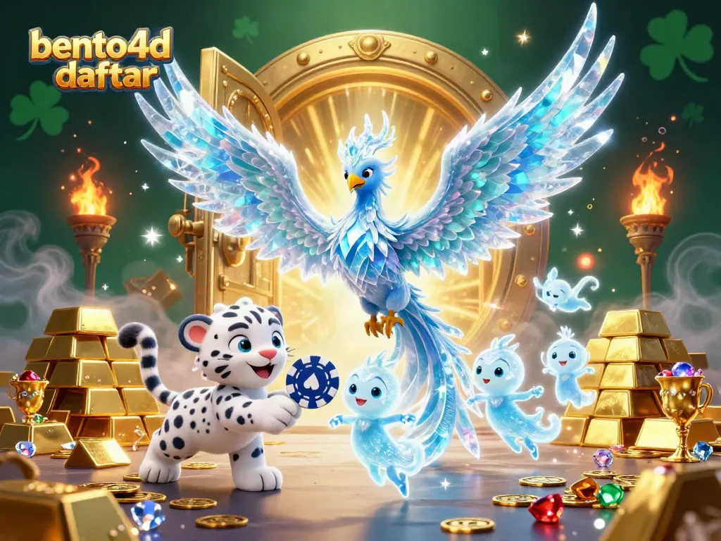 Experience the excitement of bento4d daftar with a vibrant illustration featuring a majestic ice phoenix, playful snow leopard cub, and enchanting ice sprites.