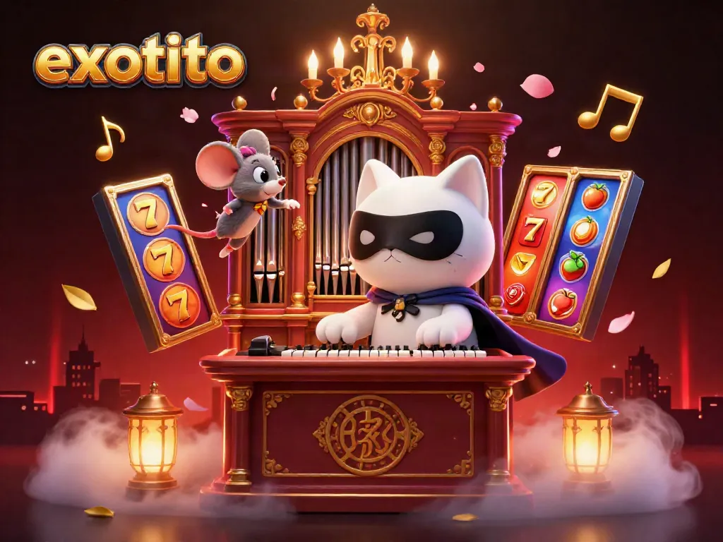 Ilustrasi 3D dari eksitasi pada permainan slot gacor di EXOTOTO dengan elemen bertema kasino.