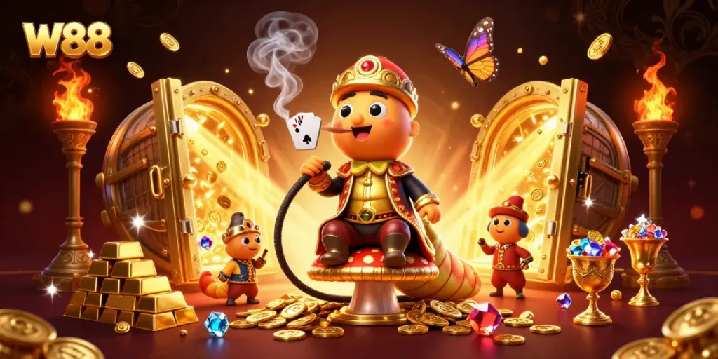Experience the excitement of W88 casino with engaging 3D characters surrounded by rich gaming elements.
