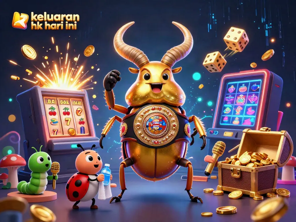 Keluaran hk hari ini menampilkan ilustrasi dalam 3D dari serangga tanduk emas raksasa dalam sabuk juara, dikelilingi oleh simbol mesin slot yang dinamis.