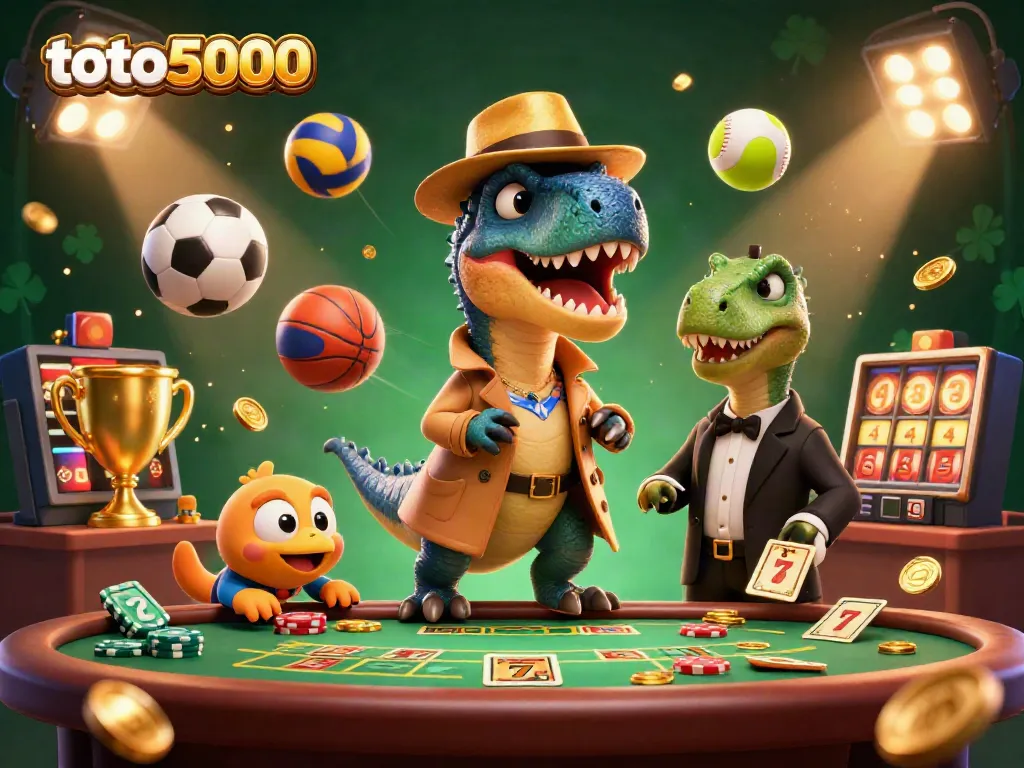 Experience thrilling gameplay at toto5000 with cartoon dinosaurs engaging at a blackjack table and sports elements surrounding them.