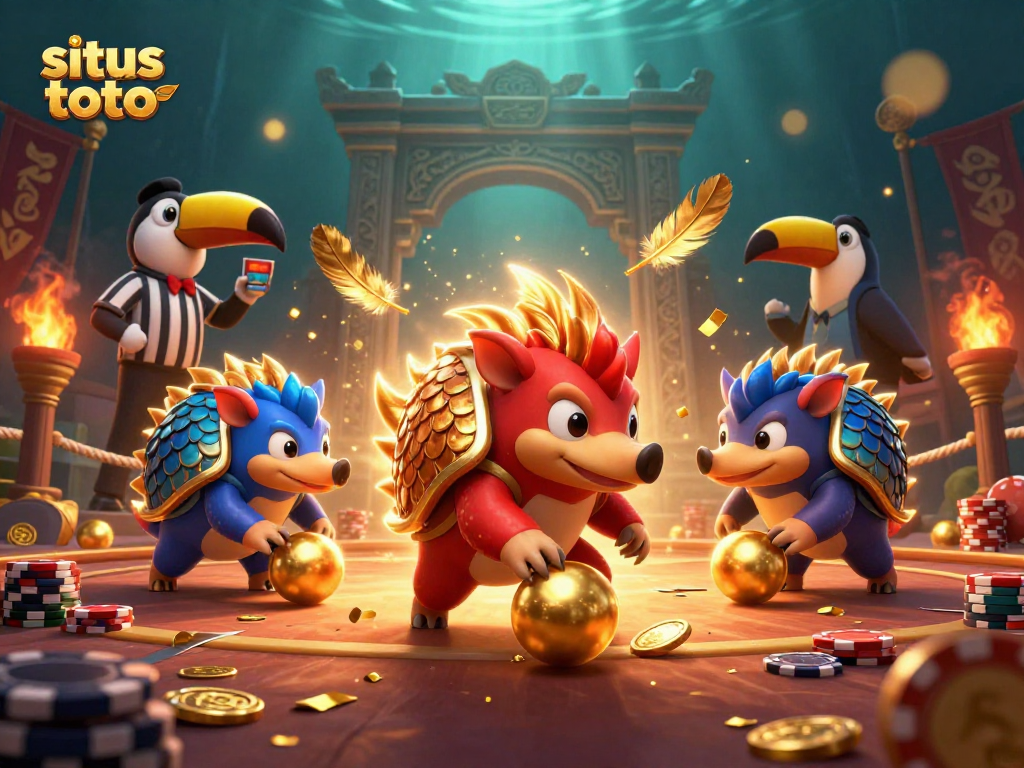 Rival pangolins berlomba dengan situs toto, melempar koin emas di dalam arena.