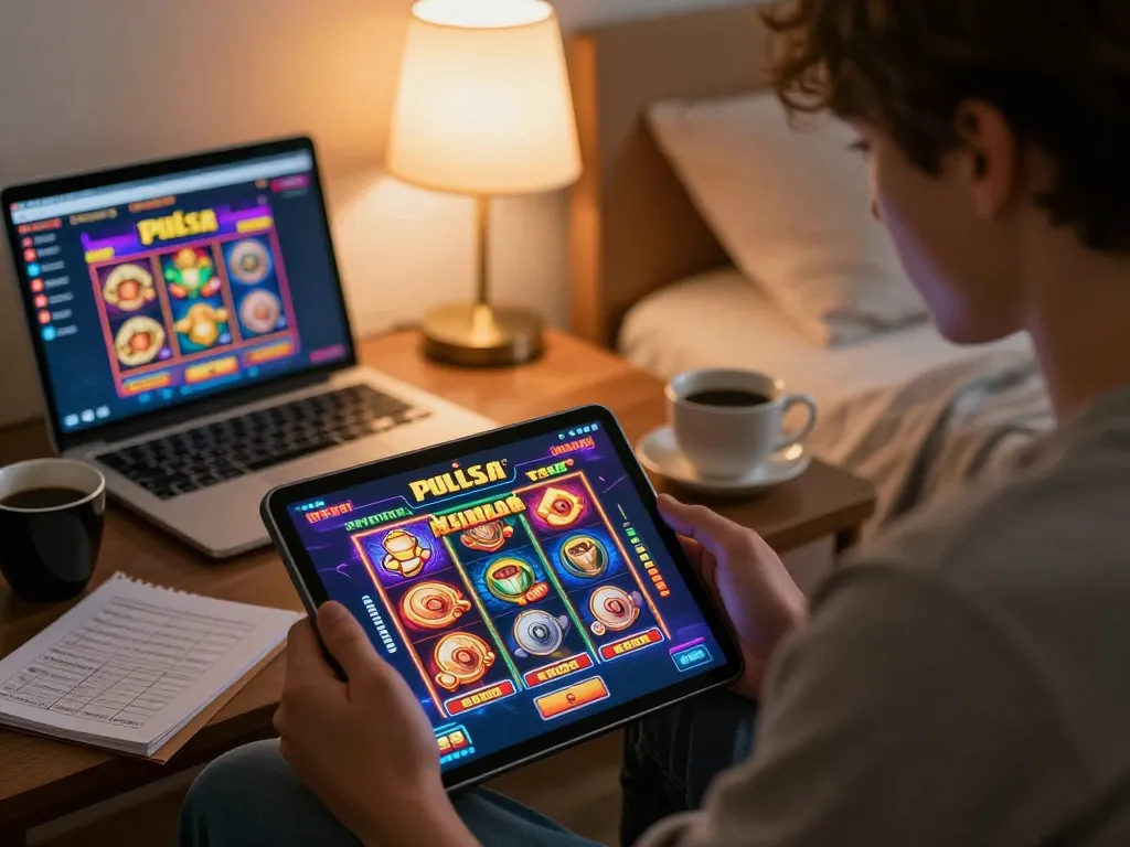 Engaged player enjoying slot pulsa games on a tablet in a cozy home setting