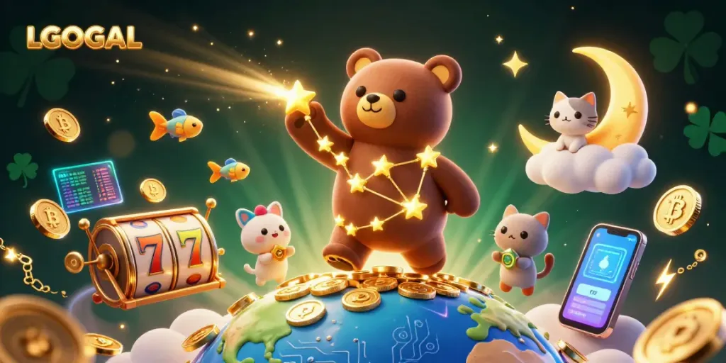 Engaging gaming scene showcasing LGOGOAL with cartoon bear, coins, and lively casino elements.