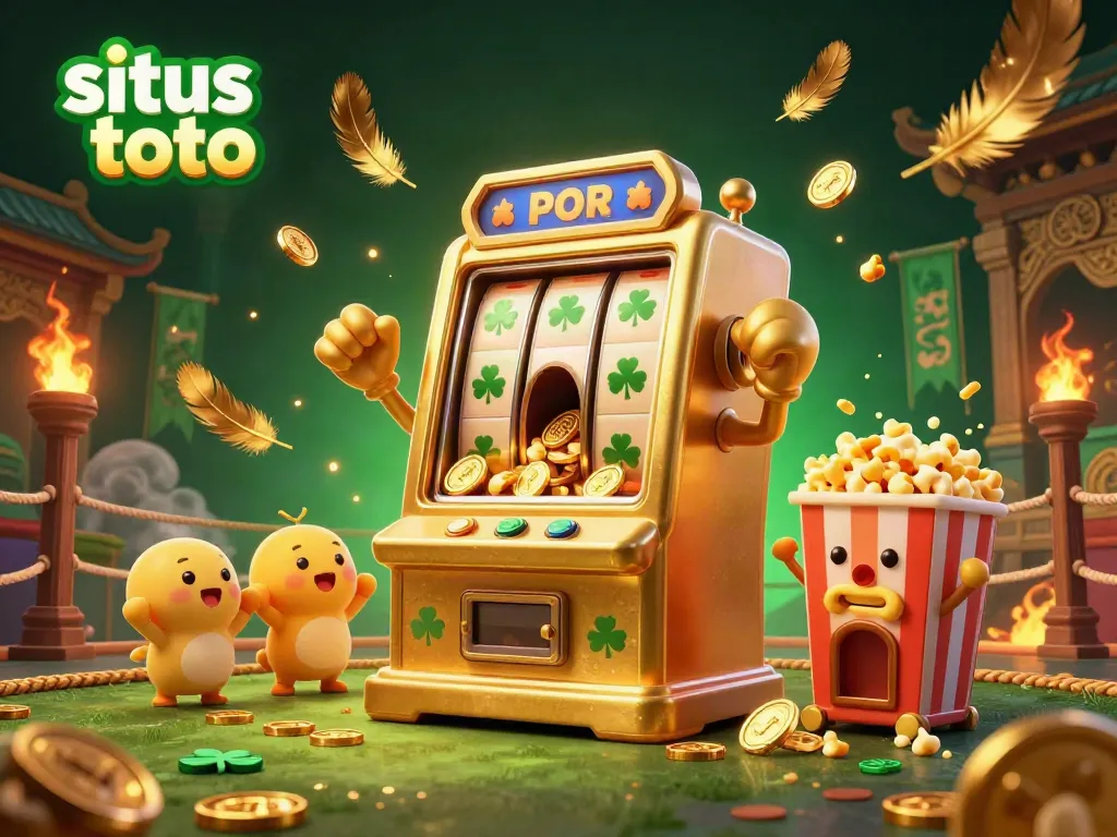Witness the situs toto slot machine hitting the jackpot amidst golden coins and cheerful baby slot machines in a vibrant casino scene.