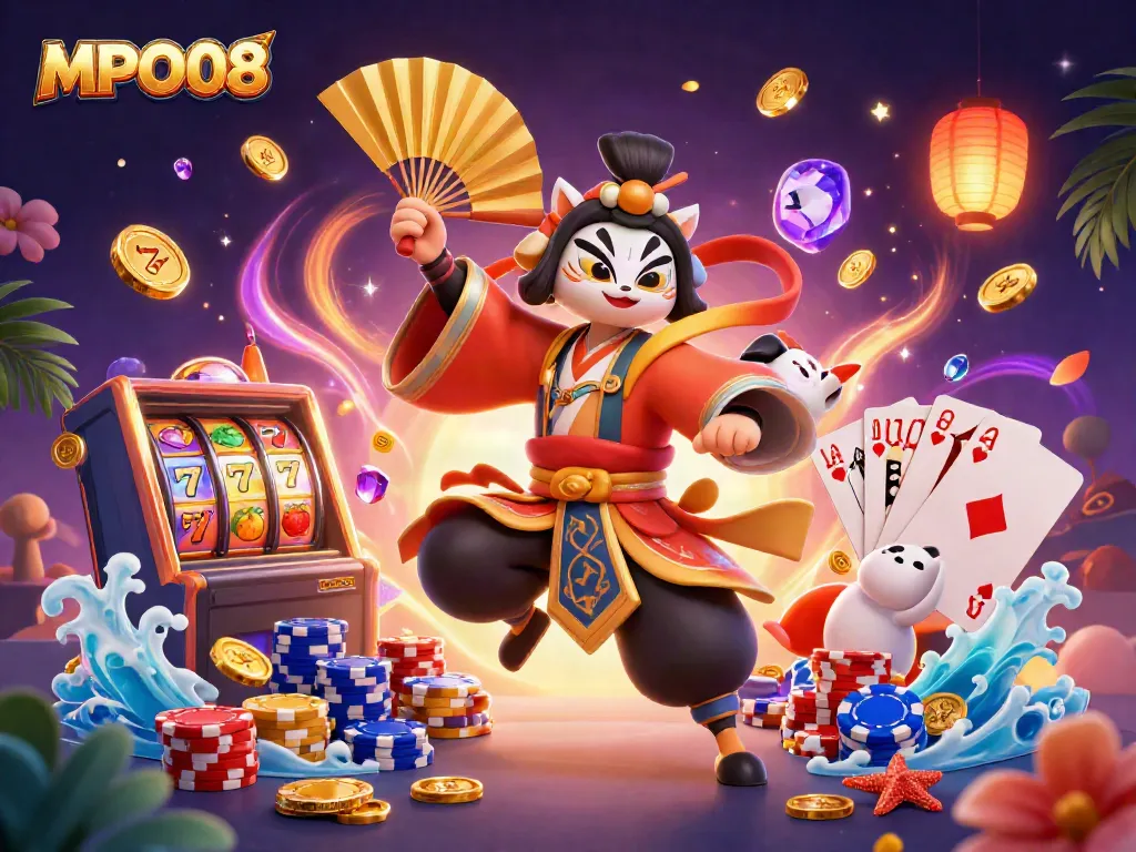 MPO08 showcases a dynamic illustration with a kabuki warrior and casino elements, enhancing the gambling experience.