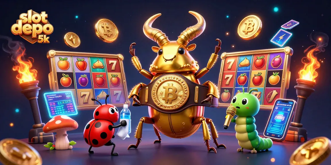 Experience the thrilling action of slot depo 5k with a dynamic 3D illustration of a golden stag beetle boxing champion and colorful slot elements.