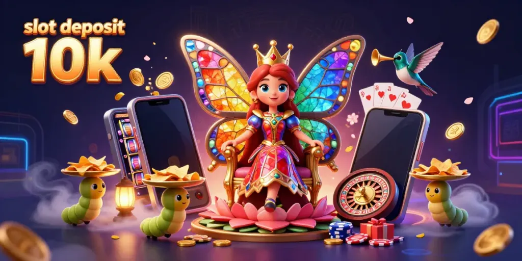 Slot deposit 10k: ilustrasi 3D ratu kupu-kupu dengan latar belakang slot game dan koin emas.