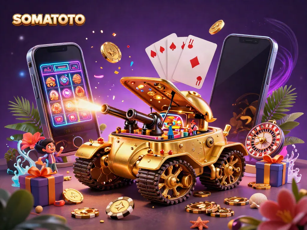 Experience the vibrant gaming world of SOMATOTO with a dynamic 3D casino illustration featuring a golden beetle tank and casino elements.