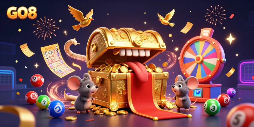 Engage with GO8's exciting gaming scene featuring colorful lottery elements and golden treasure.