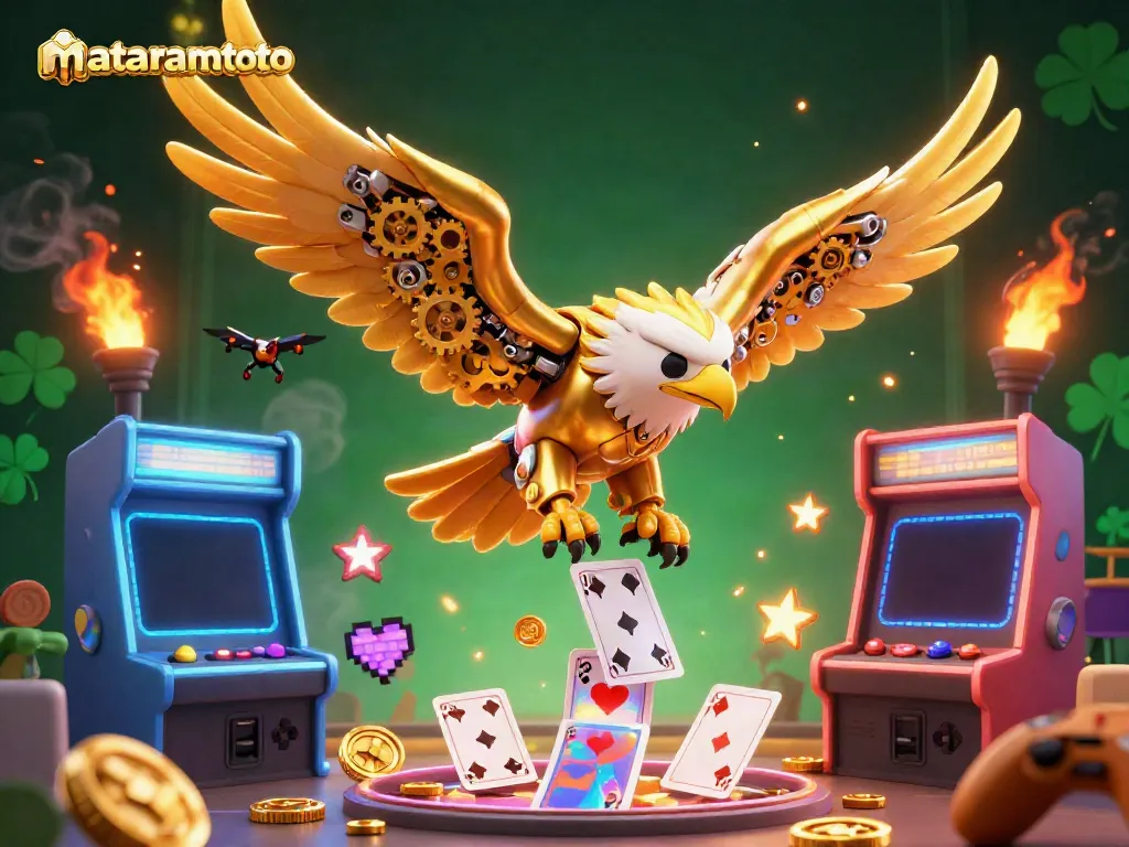 Mataramtoto's golden eagle soaring through holographic playing cards, surrounded by vibrant casino game elements.