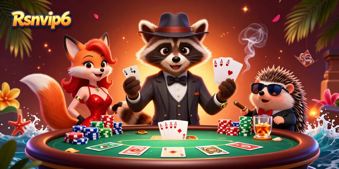 Rasakan Rsnvip6 dalam suasana kasino yang ramai, menampilkan rakun yang anggun dan rubah yang glamor di meja poker.