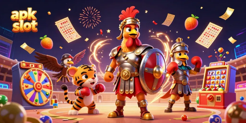 Menggambarkan momen seru bermain apk slot dengan simbol keberuntungan, jackpot, dan suasana kasino yang meriah.