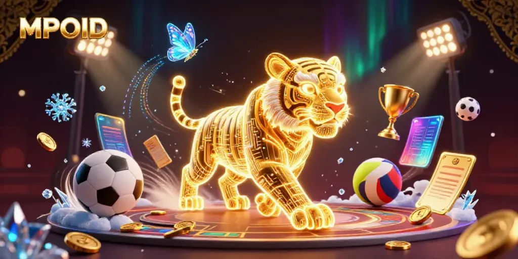 Engage with MPOID at this vibrant digital casino, featuring a neon-wireframe tiger and sports betting elements.