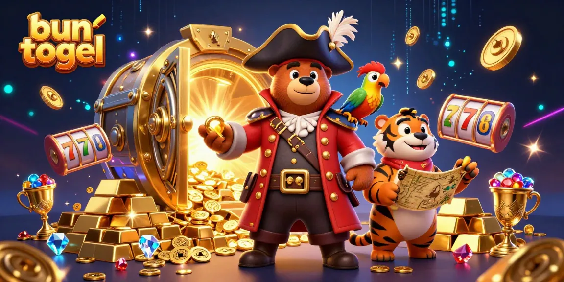 Experience the thrill of bun togel gameplay with an engaging 3D illustration of pirates, treasure, and casino elements.