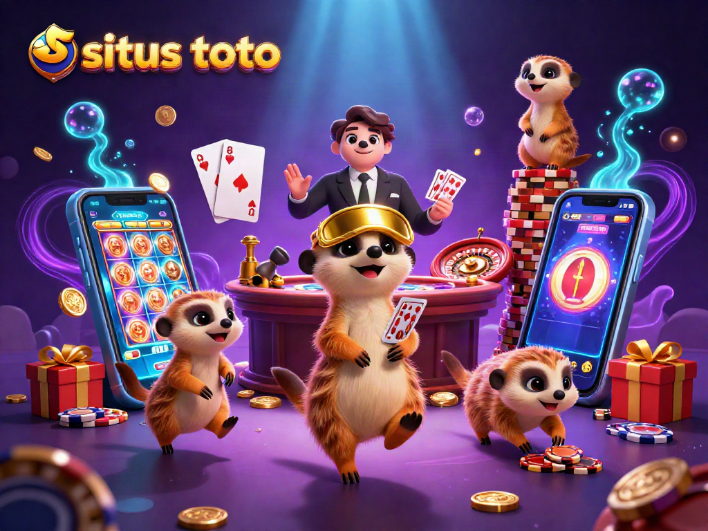 Situs toto memperlihatkan koloni meerkat 3D dalam operasi kasino dengan permainan dan chip mengelilingi mereka
