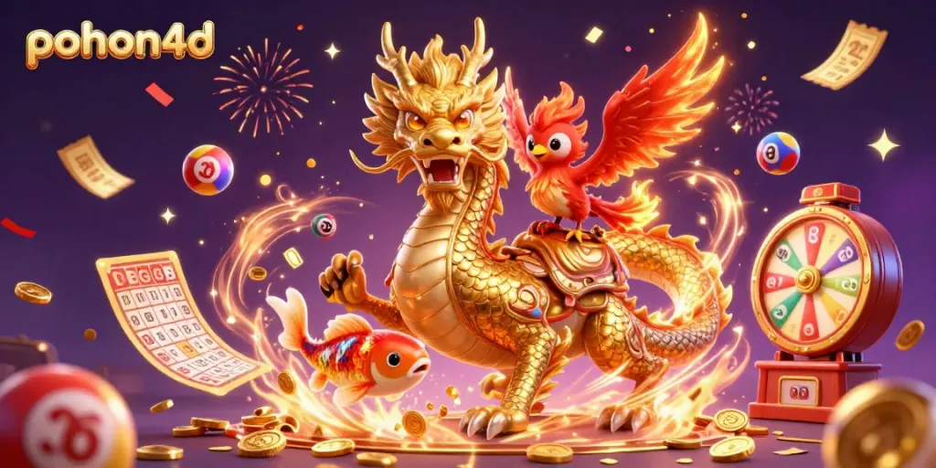 Engage with the vibrant gaming experience at pohon4d featuring a dragon, phoenix, and koi fish among lottery elements.