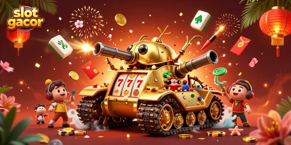 Immerse in the excitement of slot gacor with a dynamic casino scene featuring golden beetle tank and vibrant game elements.