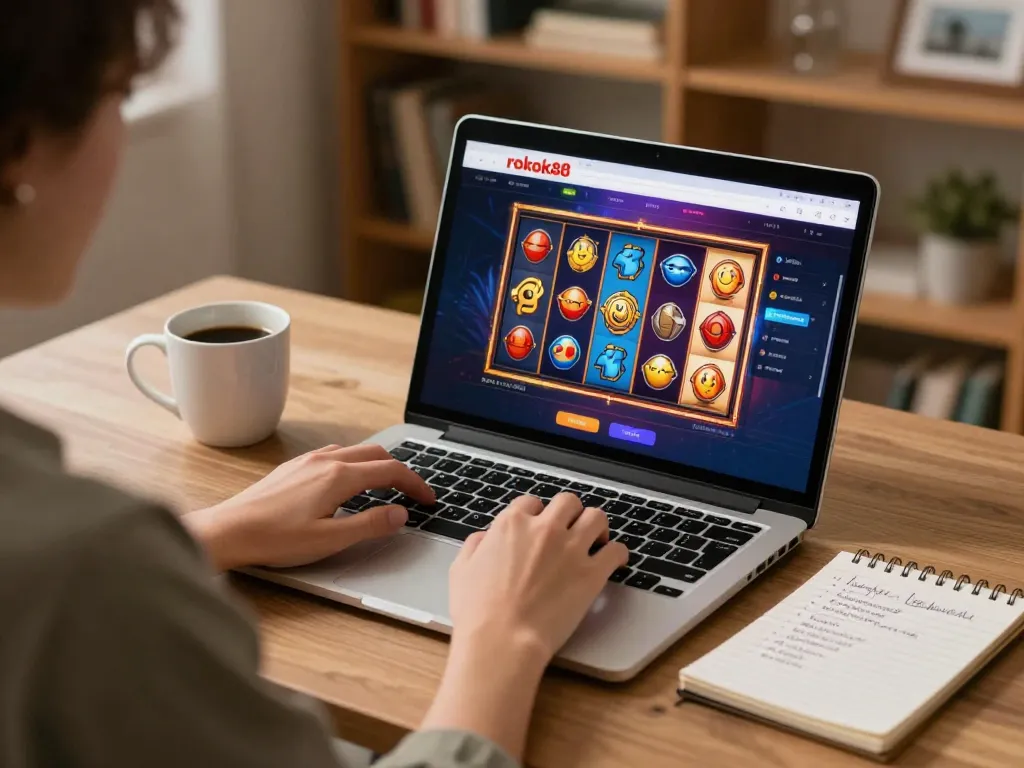 Player engaging with the rokok88 online casino on laptop, vibrant slot game interface visible, comfy home setup.