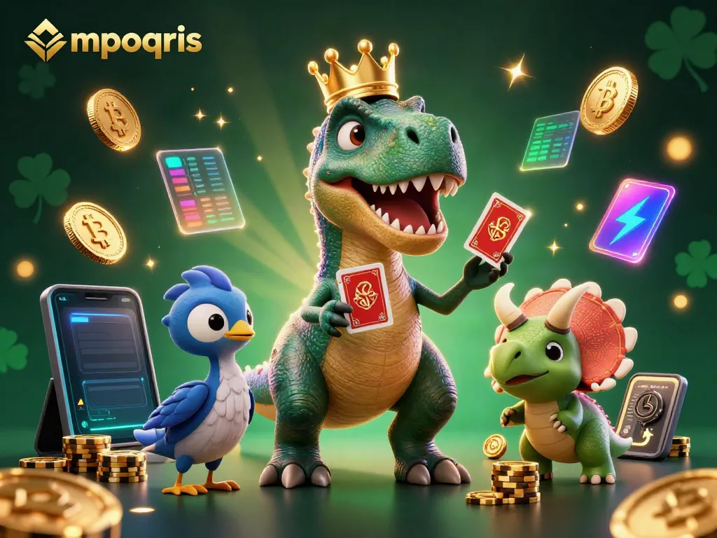 Mainkan mpoqris dengan karakter unik di ilustrasi kasino yang berwarna-warni dan penuh energi.