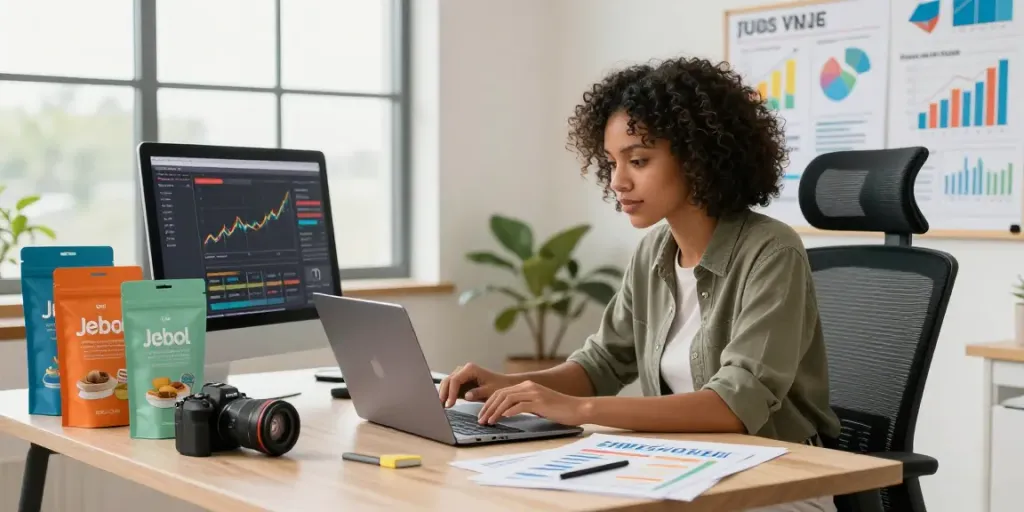 Analyzing sales data for jebol wd products in a vibrant e-commerce workspace.
