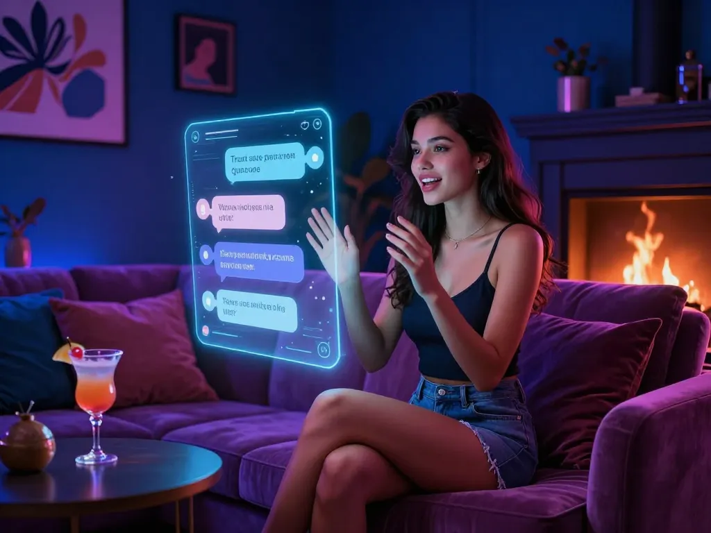 Immersive NSFW AI chat with a virtual character in a cozy lounge setting.