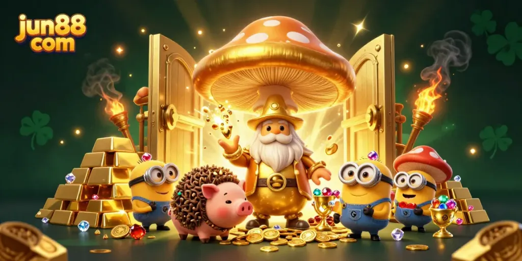 Experience the magic of gaming with jun88 com, featuring vibrant characters and treasure in a fantasy casino setting.