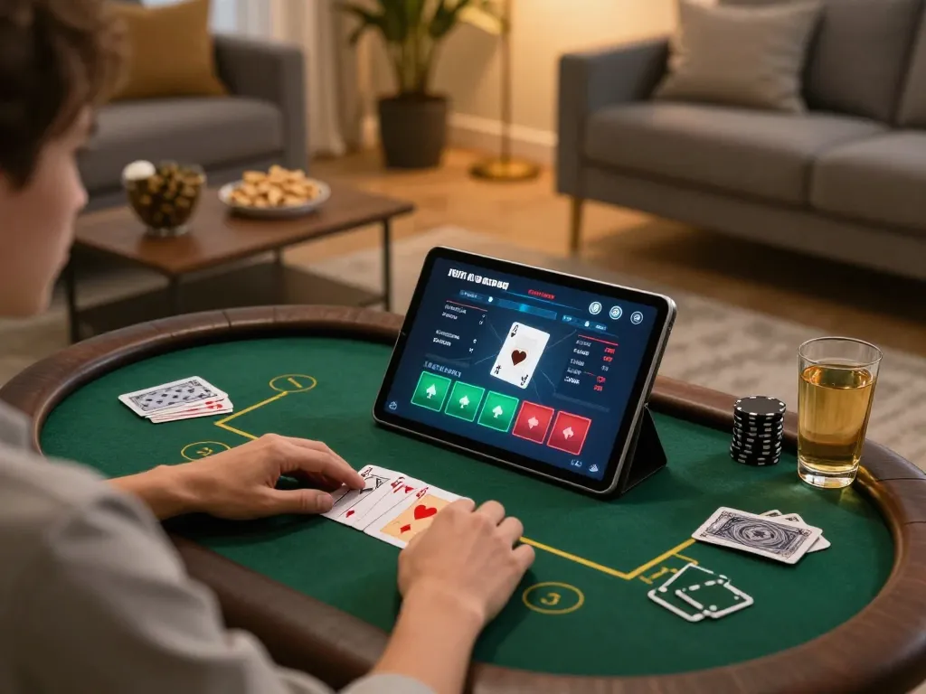Player engaging with viral4d poker game on tablet in cozy living room setting.