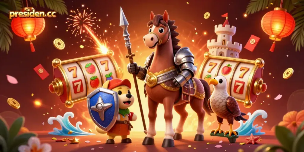 Experience thrilling wins at presiden cc with a dynamic scene of a valiant knight, squire, and falcon amid casino excitement.