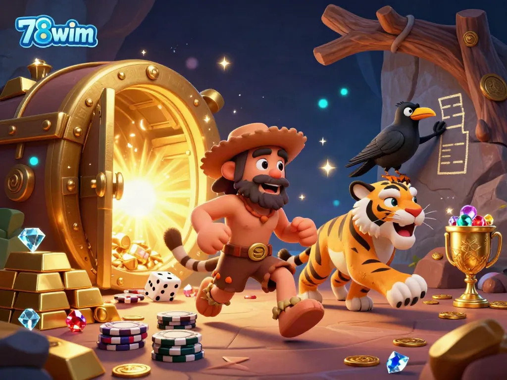 Experience the thrill of the prehistoric casino with 78wim's engaging 3D illustration featuring a caveman and sabertooth tiger duo.