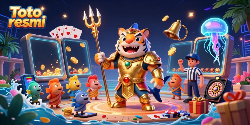 Toto resmi slots and games erupting with excitement in an underwater colosseum scene featuring colorful characters.