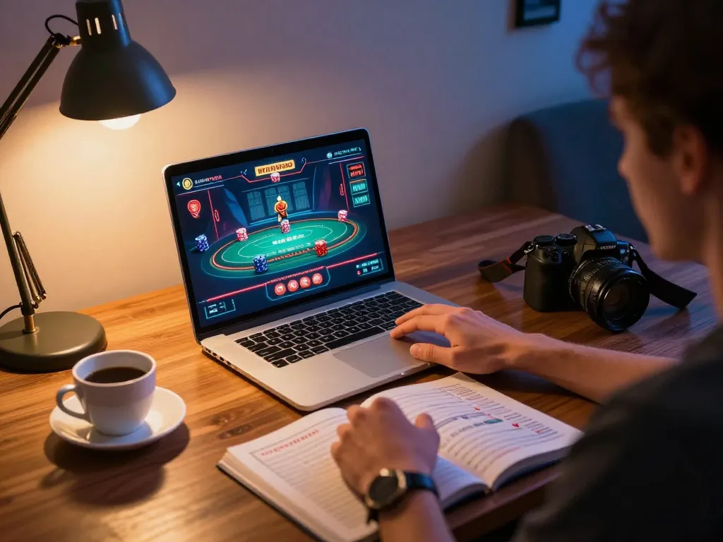 Engaging in KAISAR888 live dealer blackjack on a stylish laptop, enhancing online gaming experience.