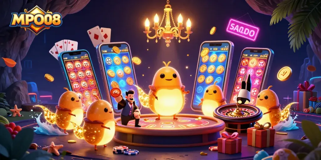 MPO08 glowworms illuminate a vibrant casino scene, showcasing playful gambling elements.