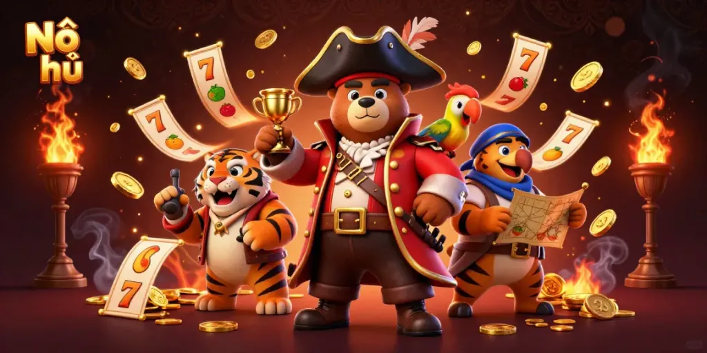 Engaging Nổ hũ scene featuring cartoon pirate characters amidst slot game reels and golden treasures.