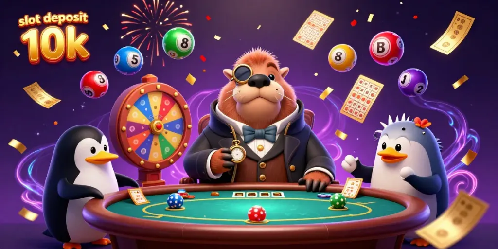 Slot deposit 10k dalam ilustrasi ceria walrus memegang kartu poker di meja dengan dealer penguin dan pemain ikan buntal.