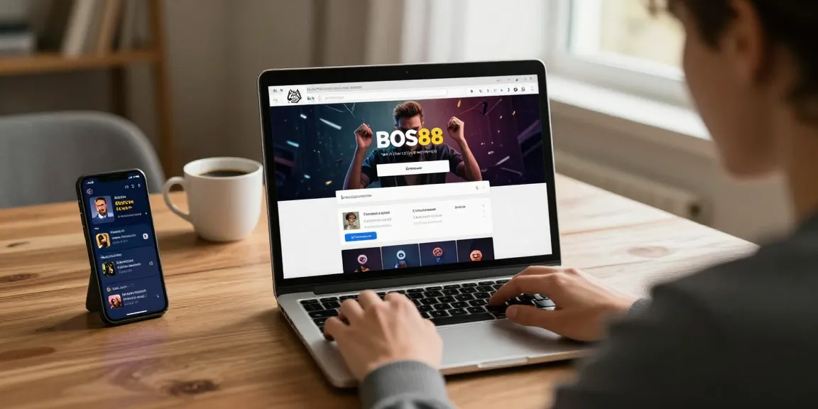 Proses Cara Login BOS88 di laptop dengan suasana nyaman dan cahaya hangat.