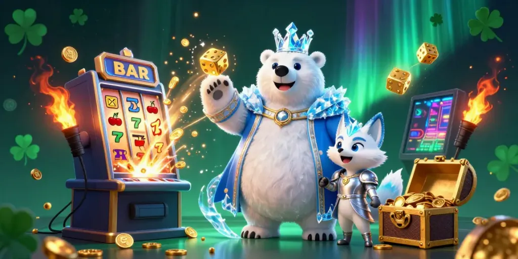 Engage with web go88's thrilling gaming scene featuring a polar bear king and snow fox amidst colorful casino elements.